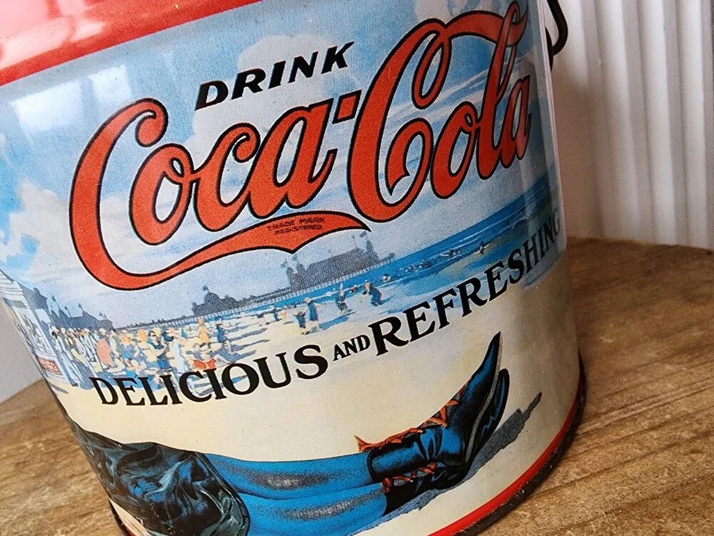 Vintage Coca Cola Old Fashioned Ladies at Beach Lidded Wire Handle Round Tin Can